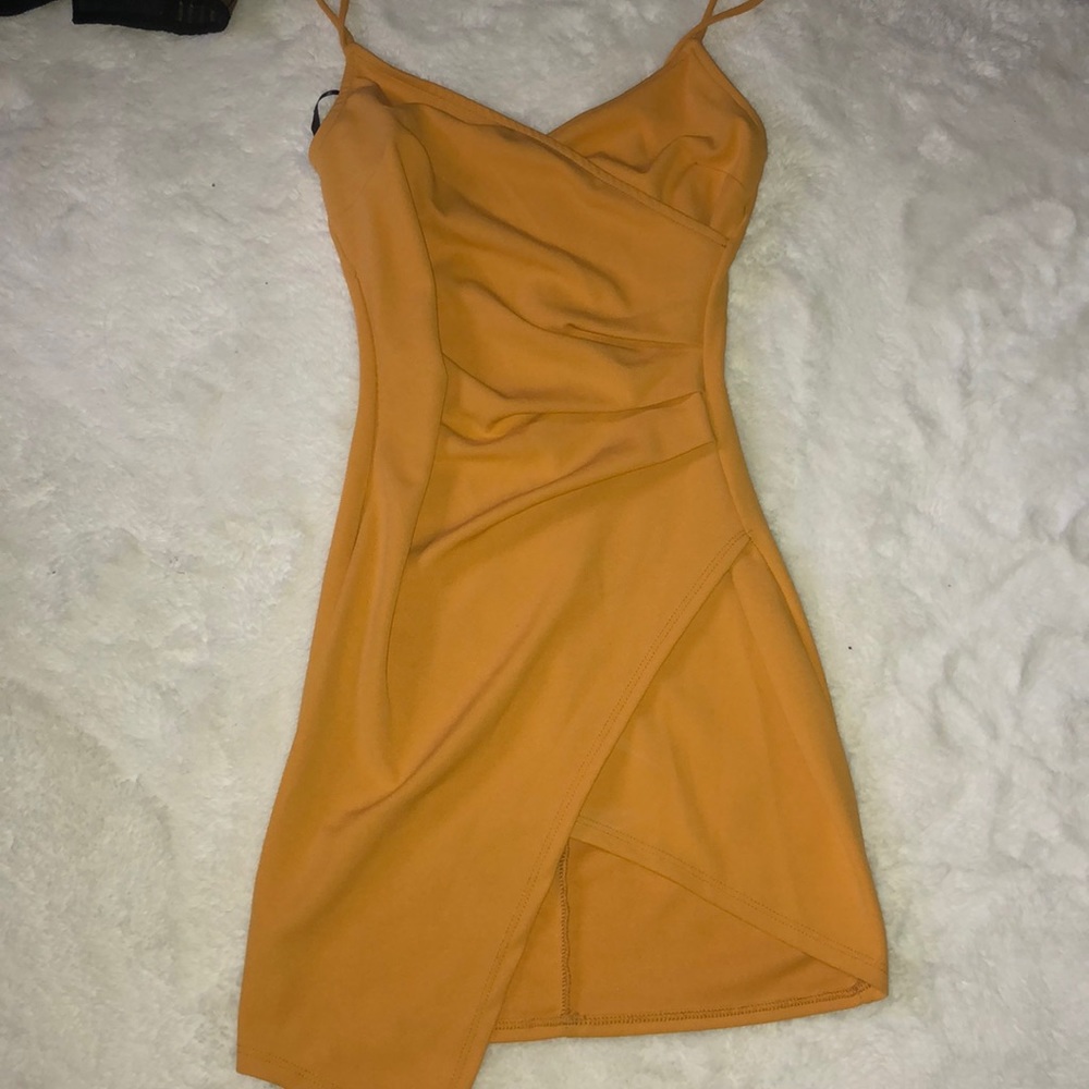 Mustard yellow mini dress, ribbed